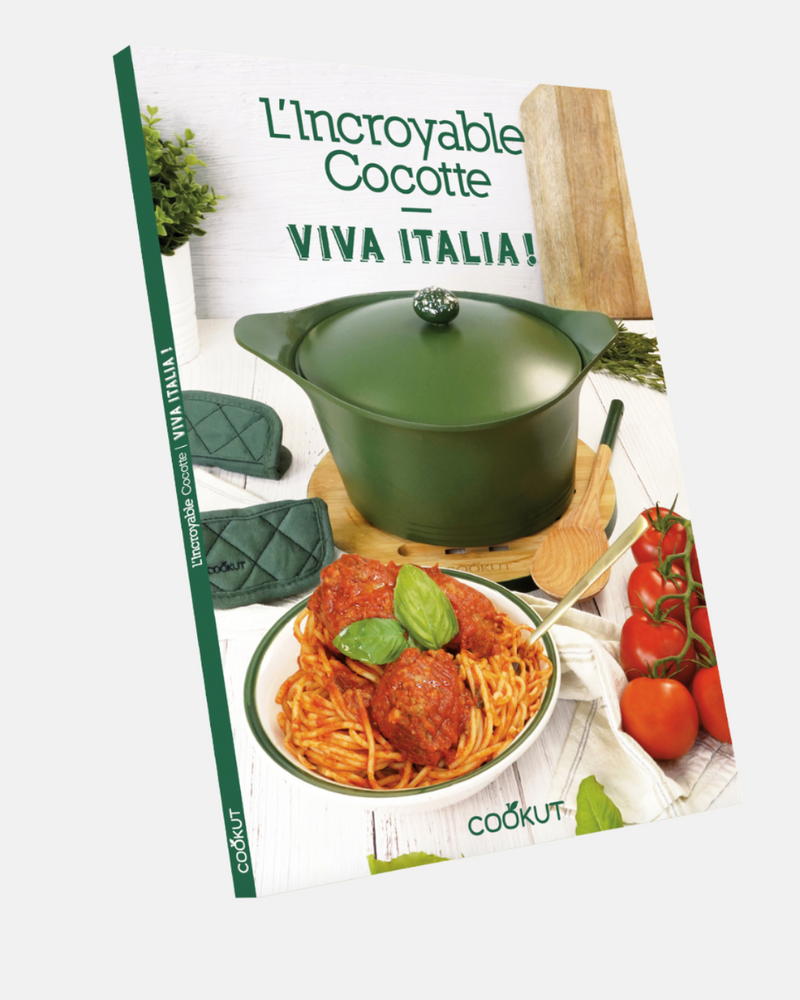 Couverture du livre "L'Incroyable Cocotte Viva Italia" Cookut, avec des recettes italiennes savoureuses à réaliser dans votre cocotte.